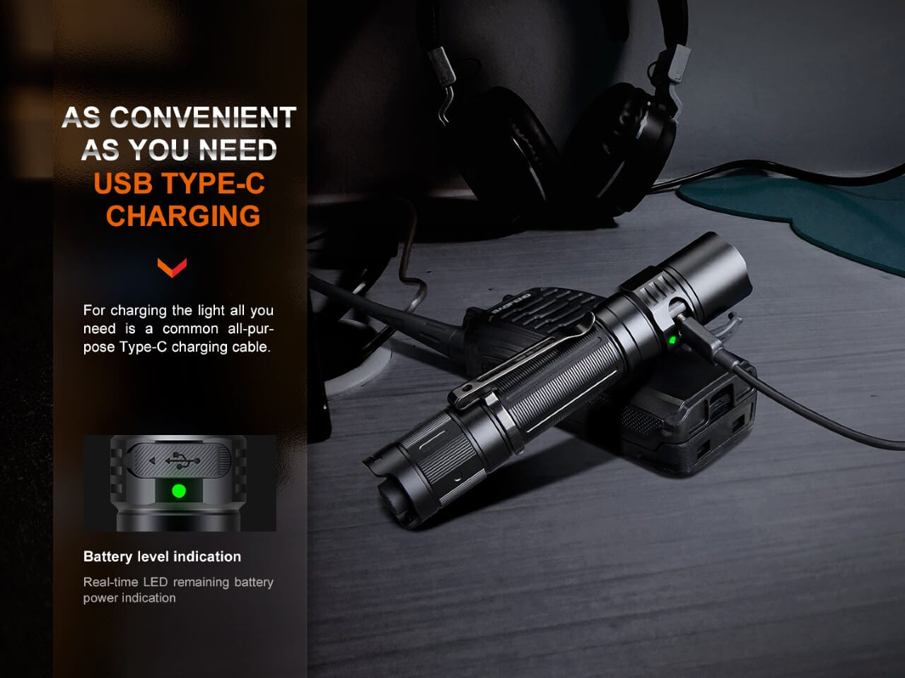 Fenix PD35R compact rechargeable tactical flashlight with black body and adjustable beam, designed for outdoor and tactical use.