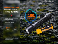 Fenix PD35R compact rechargeable tactical flashlight with black body and adjustable beam, designed for outdoor and tactical use.