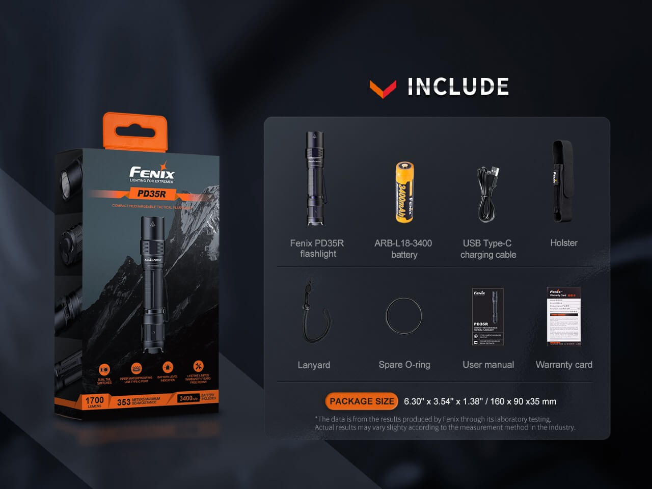 Fenix PD35R compact rechargeable tactical flashlight with black body and adjustable bezel, designed for outdoor and tactical use.