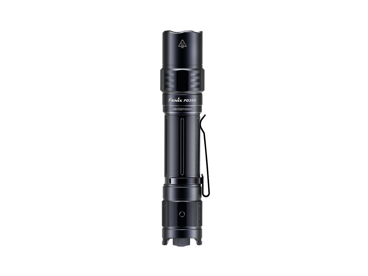 Fenix PD35R compact rechargeable tactical flashlight with LED beam, black body, and textured grip for enhanced handling.