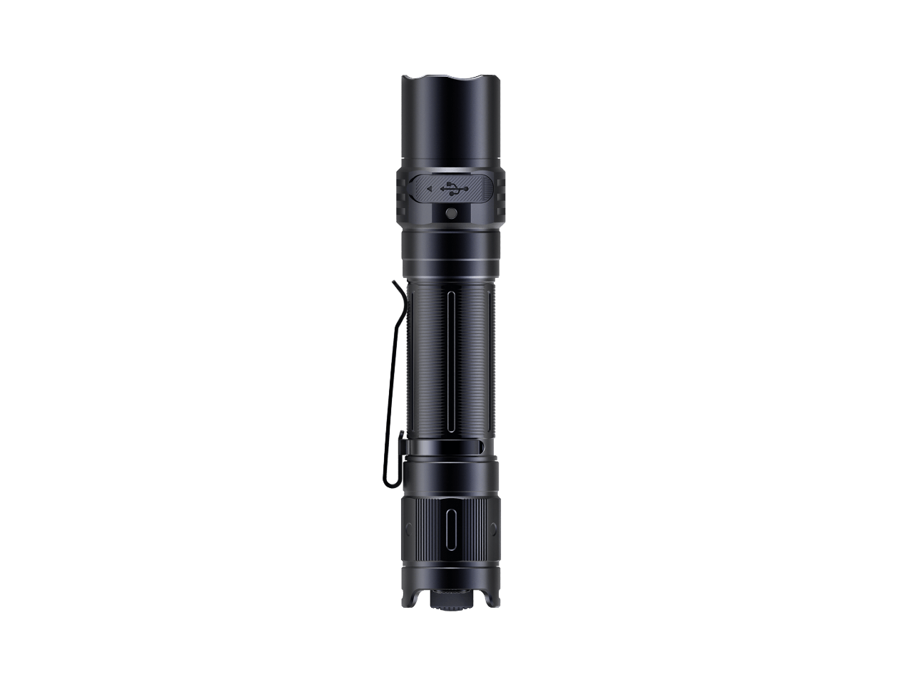 Fenix PD35R compact rechargeable tactical flashlight with black body and adjustable beam, designed for outdoor and tactical use.