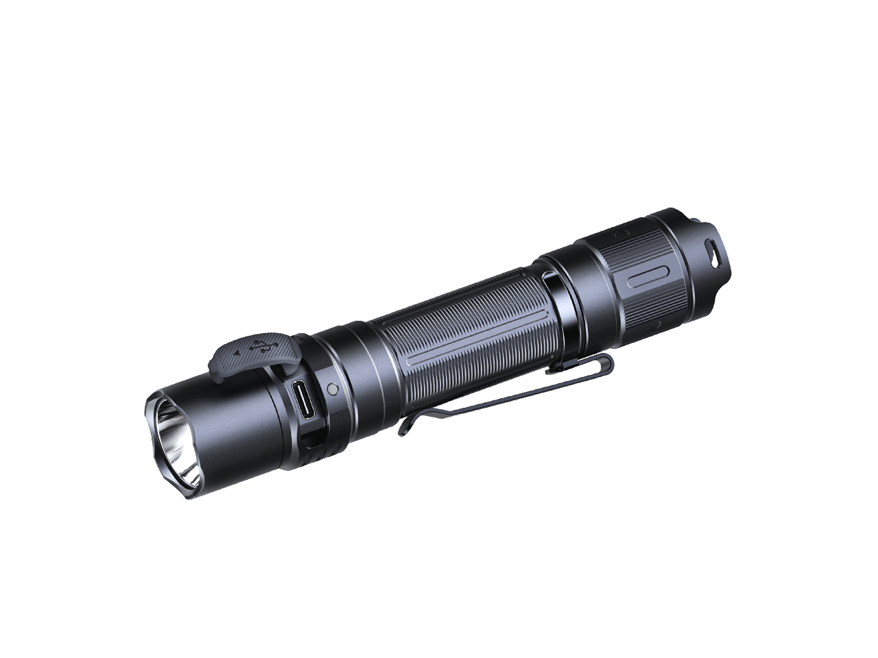 Fenix PD35R compact rechargeable tactical flashlight with adjustable beam and textured grip, black finish, on a white background.