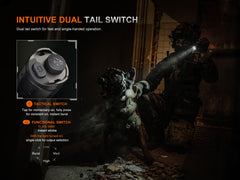 Black Fenix TK21R tactical duty flashlight, compact and durable with LED beam, designed for professional and outdoor use.