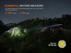 Black Fenix TK21R tactical flashlight with textured grip and adjustable focus, designed for durable outdoor and tactical use.