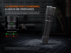 Black Fenix TK21R tactical duty flashlight with textured grip and adjustable beam, designed for reliable high-performance illumination.