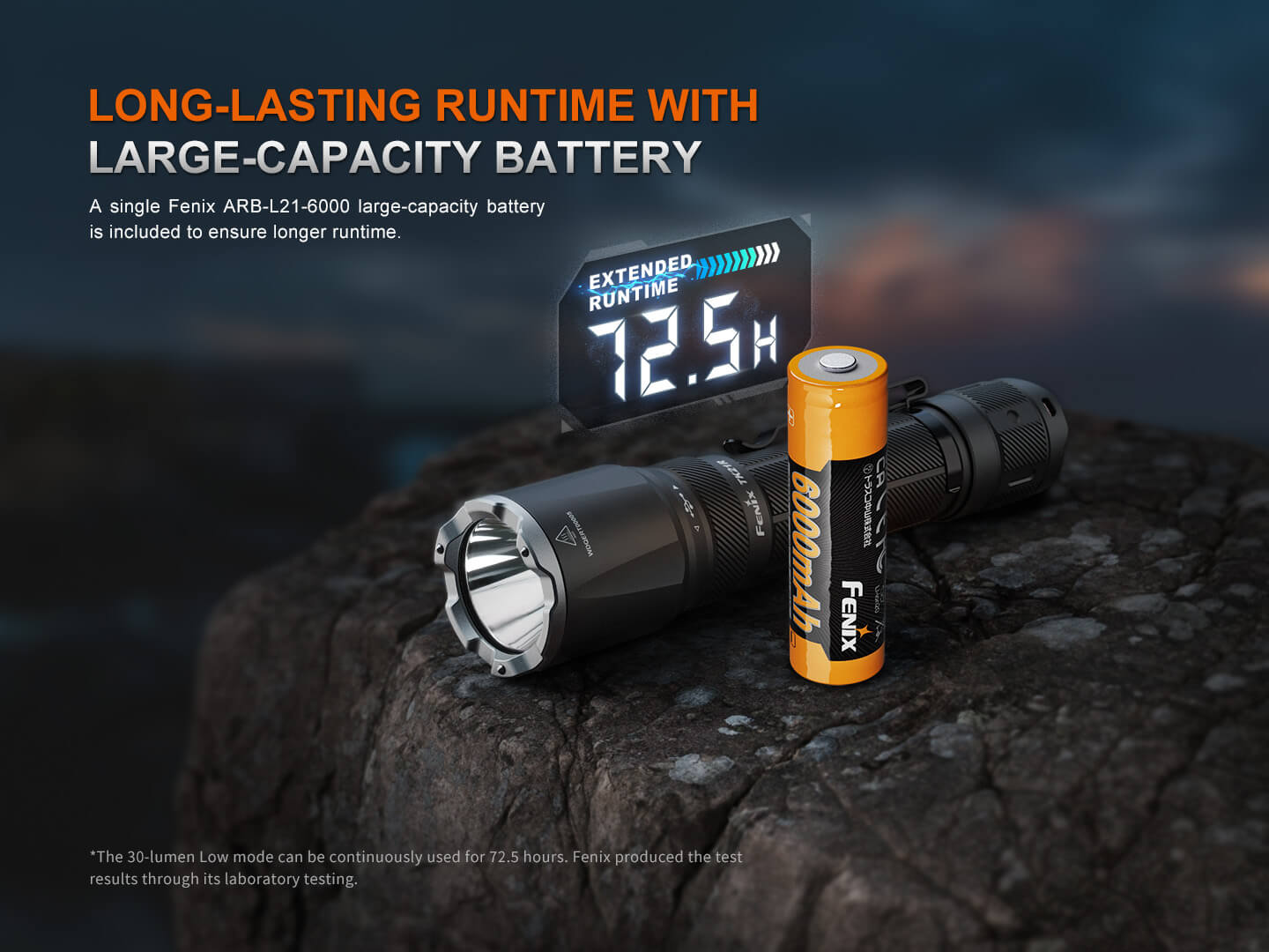 Black Fenix TK21R tactical duty flashlight with textured grip and high-powered LED beam, designed for professional and outdoor use