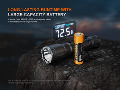 Black Fenix TK21R tactical duty flashlight with textured grip and high-powered LED beam, designed for professional and outdoor use