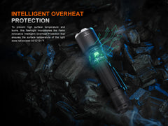 Black Fenix TK21R tactical flashlight with textured grip and LED beam, designed for durable, high-performance illumination.