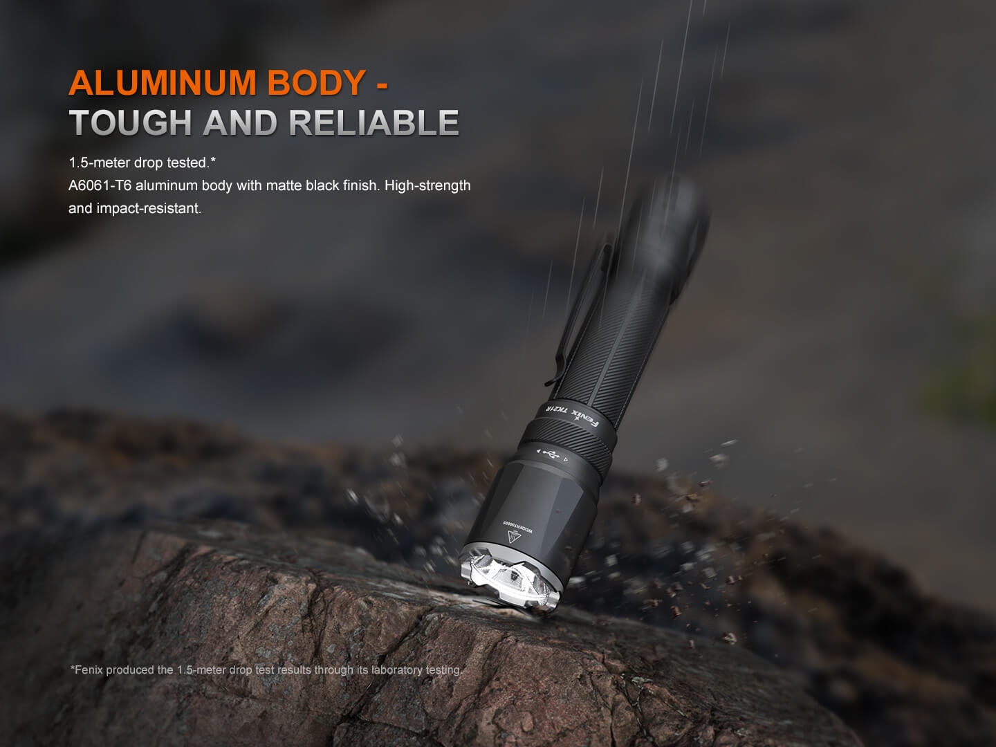 Black Fenix TK21R tactical duty flashlight with textured grip and adjustable beam, designed for professional use.
