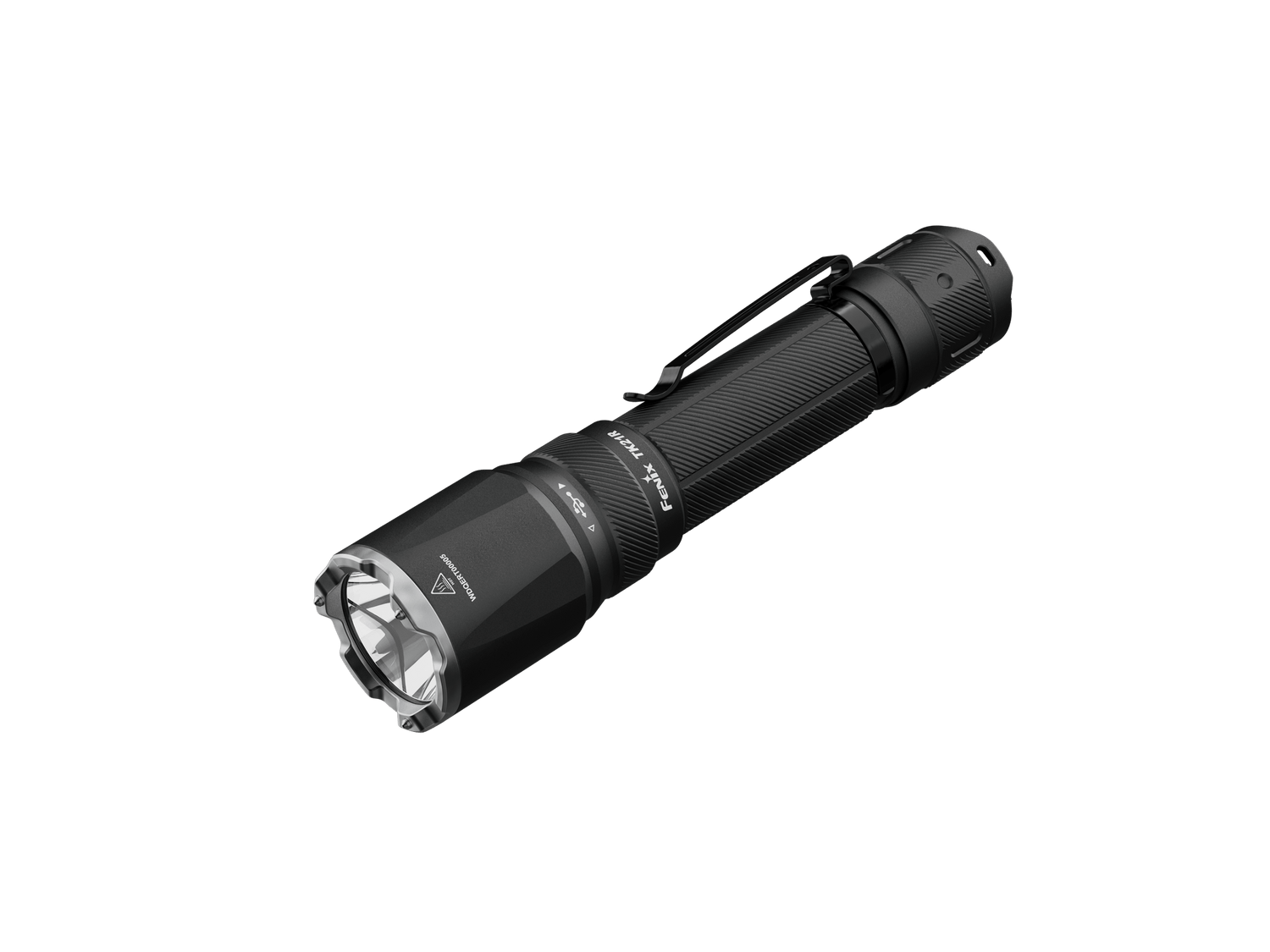 Black Fenix TK21R tactical duty flashlight with textured grip and LED lens, designed for outdoor and professional use.