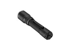 Black Fenix TK21R tactical flashlight with textured grip and LED lamp, designed for durable outdoor and tactical use.