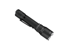 Black Fenix TK21R tactical duty flashlight with textured handle and LED beam, designed for professional use and outdoor activities.
