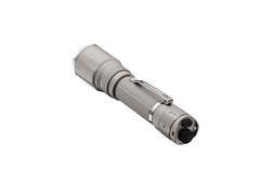 Black Fenix TK21R tactical duty flashlight with textured grip and LED beam, designed for high-performance illumination.
