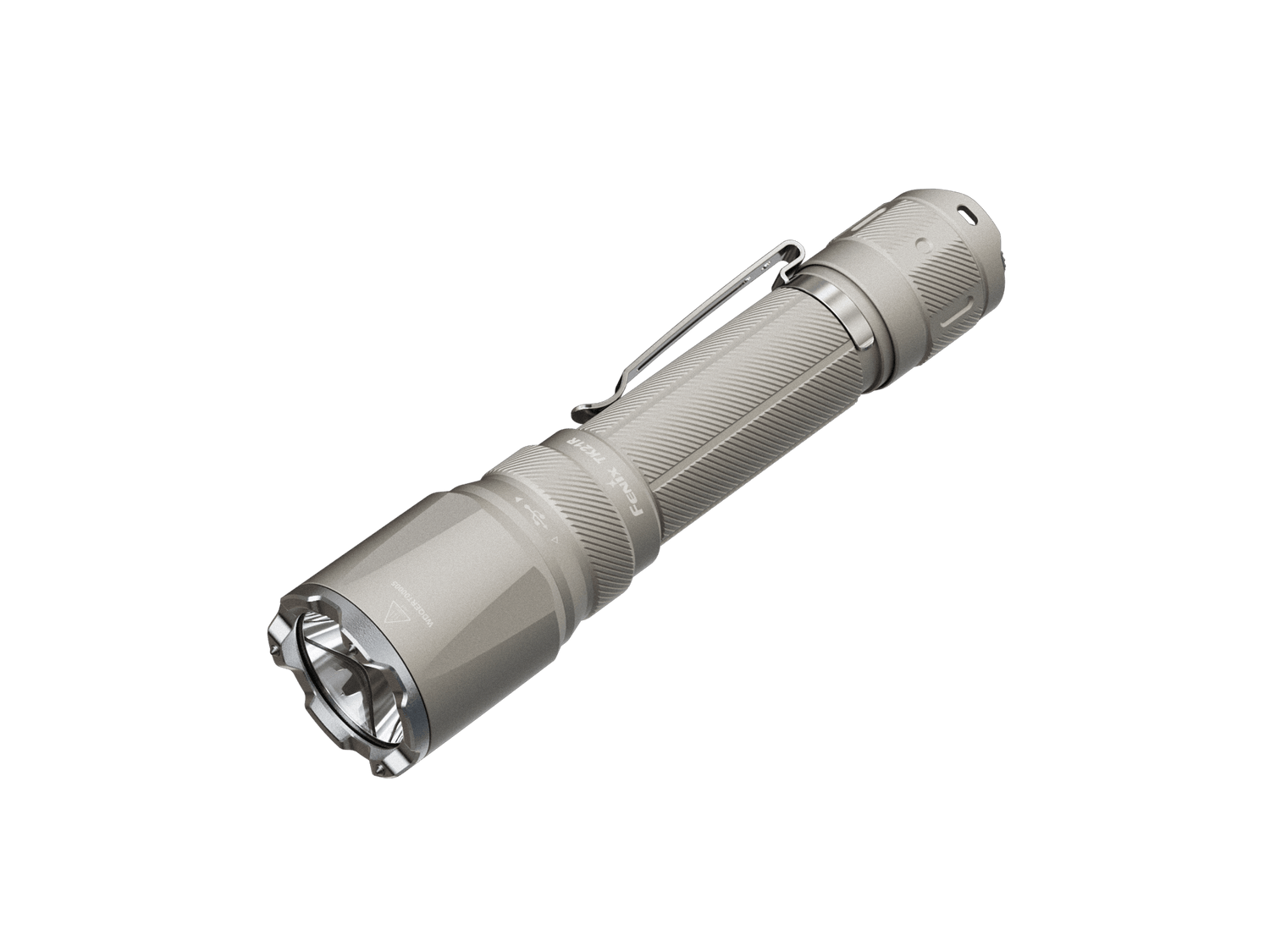 Black Fenix TK21R tactical duty flashlight with textured grip and LED beam, designed for professional and outdoor use.