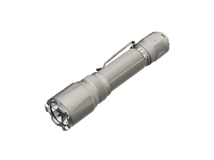 Black Fenix TK21R tactical duty flashlight with textured grip and LED beam, designed for professional and outdoor use.