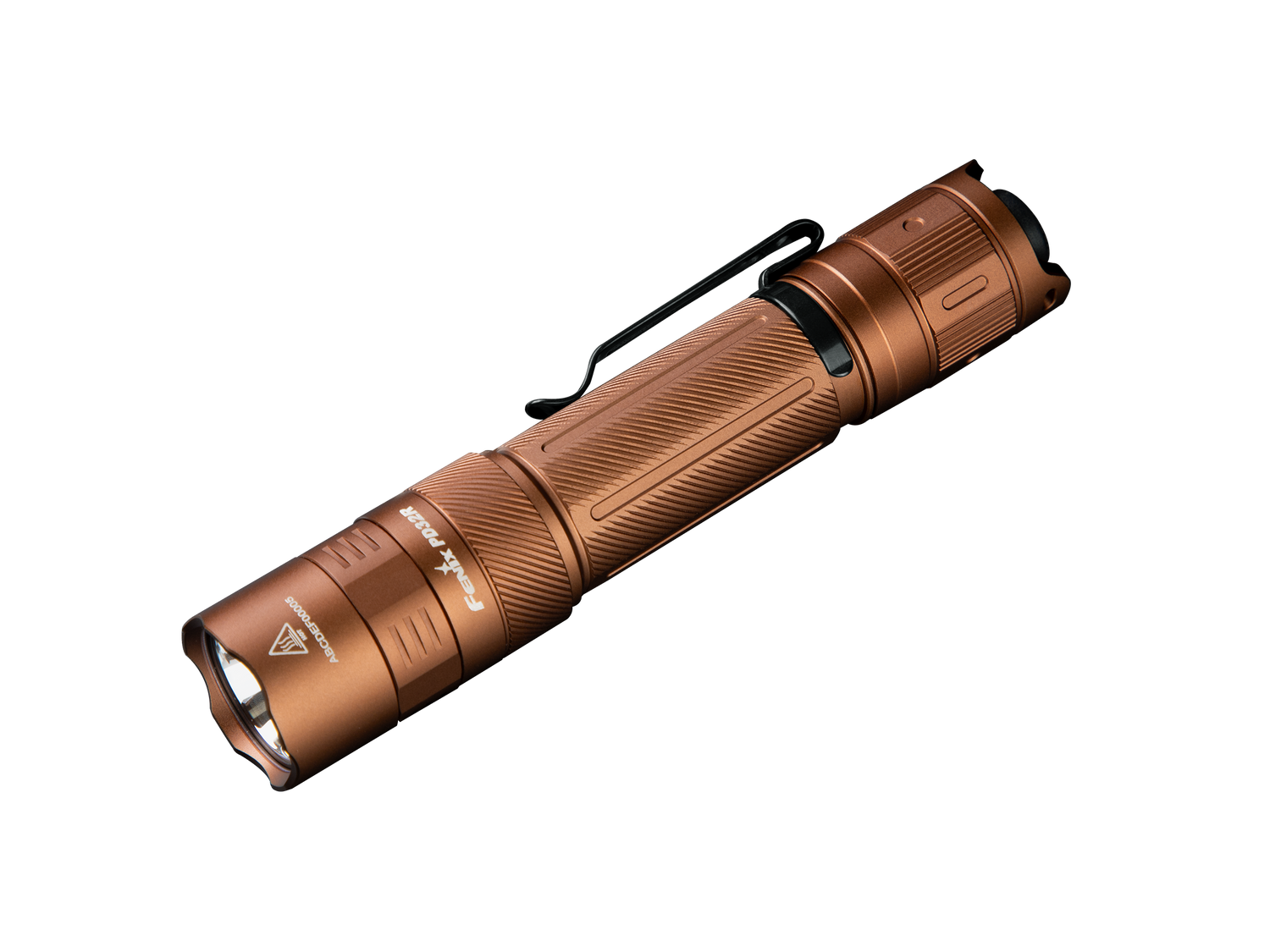 Fenix PD32R rechargeable tactical LED flashlight with silent switch, black body, compact design, and bright beam illumination.