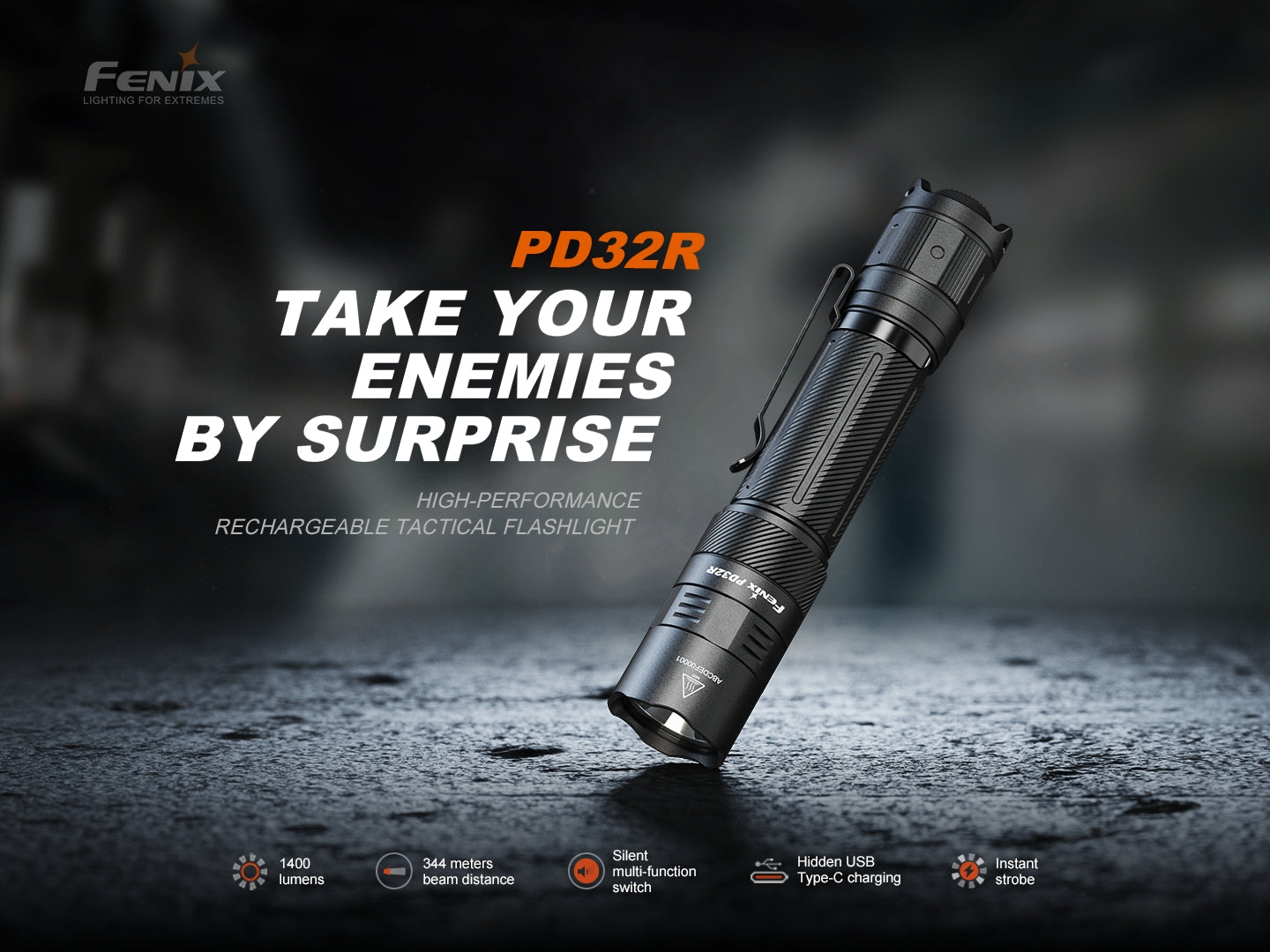Fenix PD32R rechargeable tactical LED flashlight with silent switch, compact design, and brunette finish
