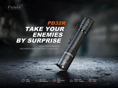 Fenix PD32R rechargeable tactical LED flashlight with silent switch, compact design, and brunette finish