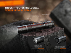 Fenix PD32R rechargeable tactical LED flashlight with silent switch, compact design, and a sleek black finish.