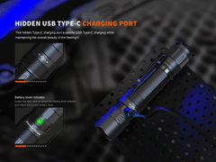 Fenix PD32R rechargeable tactical flashlight with silent switch, black body, and LED beam, designed for outdoor and tactical use.