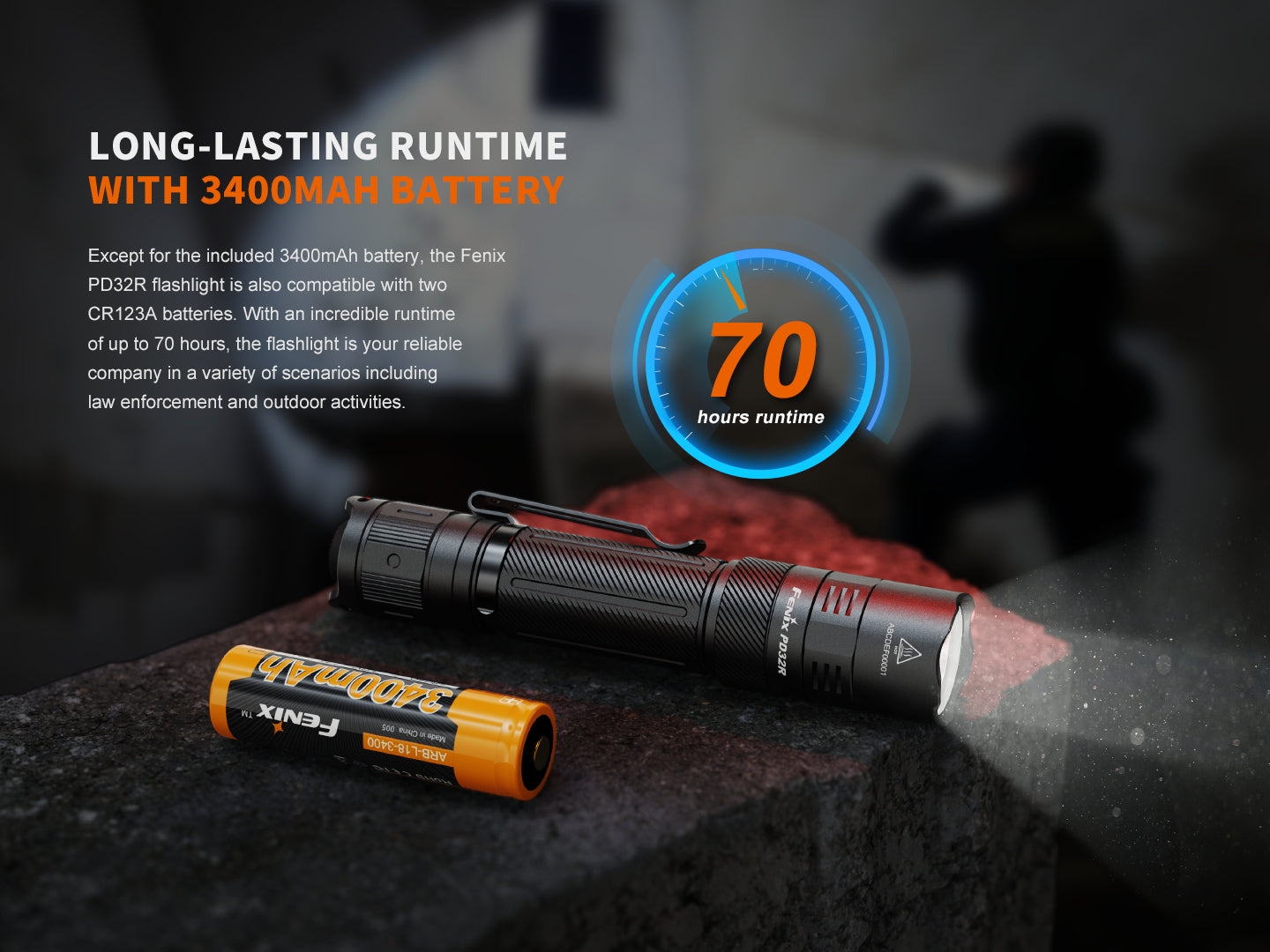 Fenix PD32R rechargeable tactical LED flashlight with silent switch, black body, and compact design for outdoor use