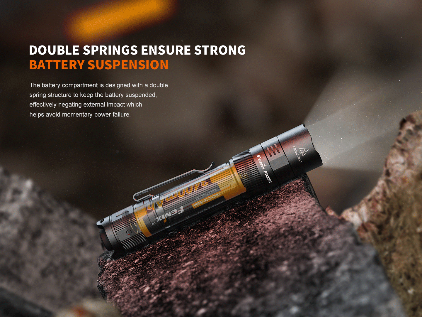 Fenix PD32R rechargeable tactical flashlight with silent switch, black body, and LED light, designed for outdoor and tactical use.