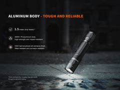 Fenix PD32R rechargeable tactical flashlight with silent switch and LED illumination, compact black design for outdoor use