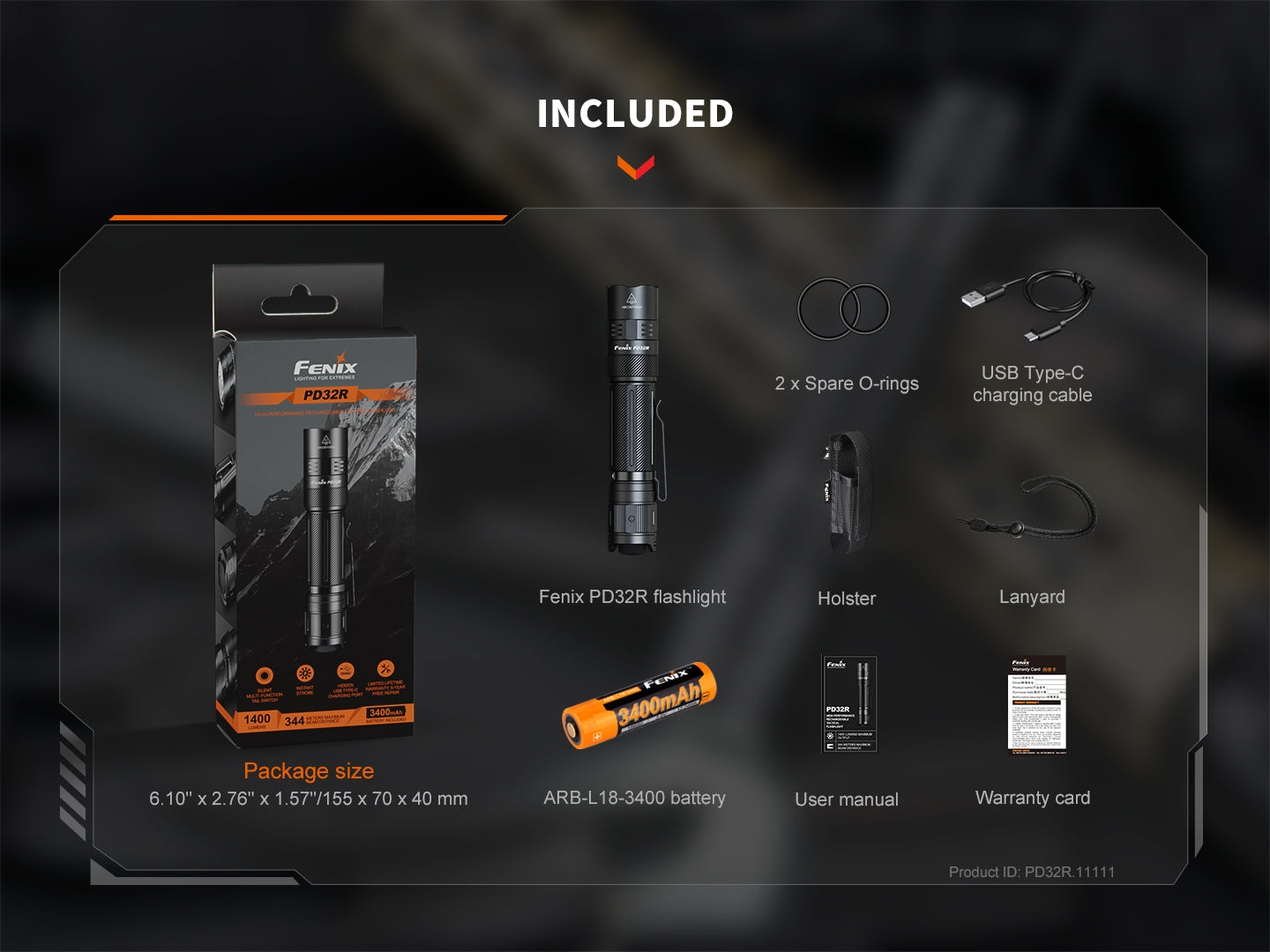 Fenix PD32R rechargeable tactical LED flashlight with silent switch, shown in a close-up image highlighting its compact design.