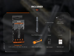 Fenix PD32R rechargeable tactical LED flashlight with silent switch, shown in a close-up image highlighting its compact design.