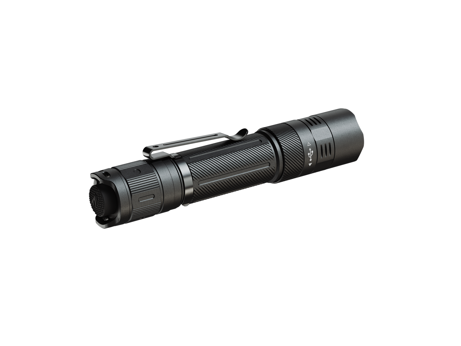 Fenix PD32R rechargeable tactical LED flashlight with silent switch, compact design, and black body, suitable for outdoor and security use.