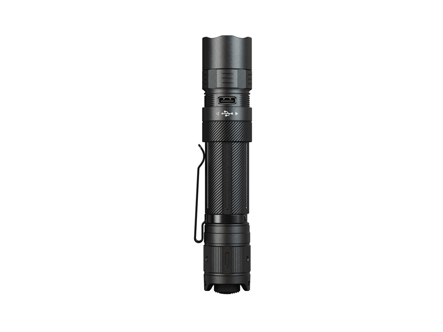 Fenix PD32R rechargeable tactical LED flashlight with silent switch, compact design and durable build for outdoor use.