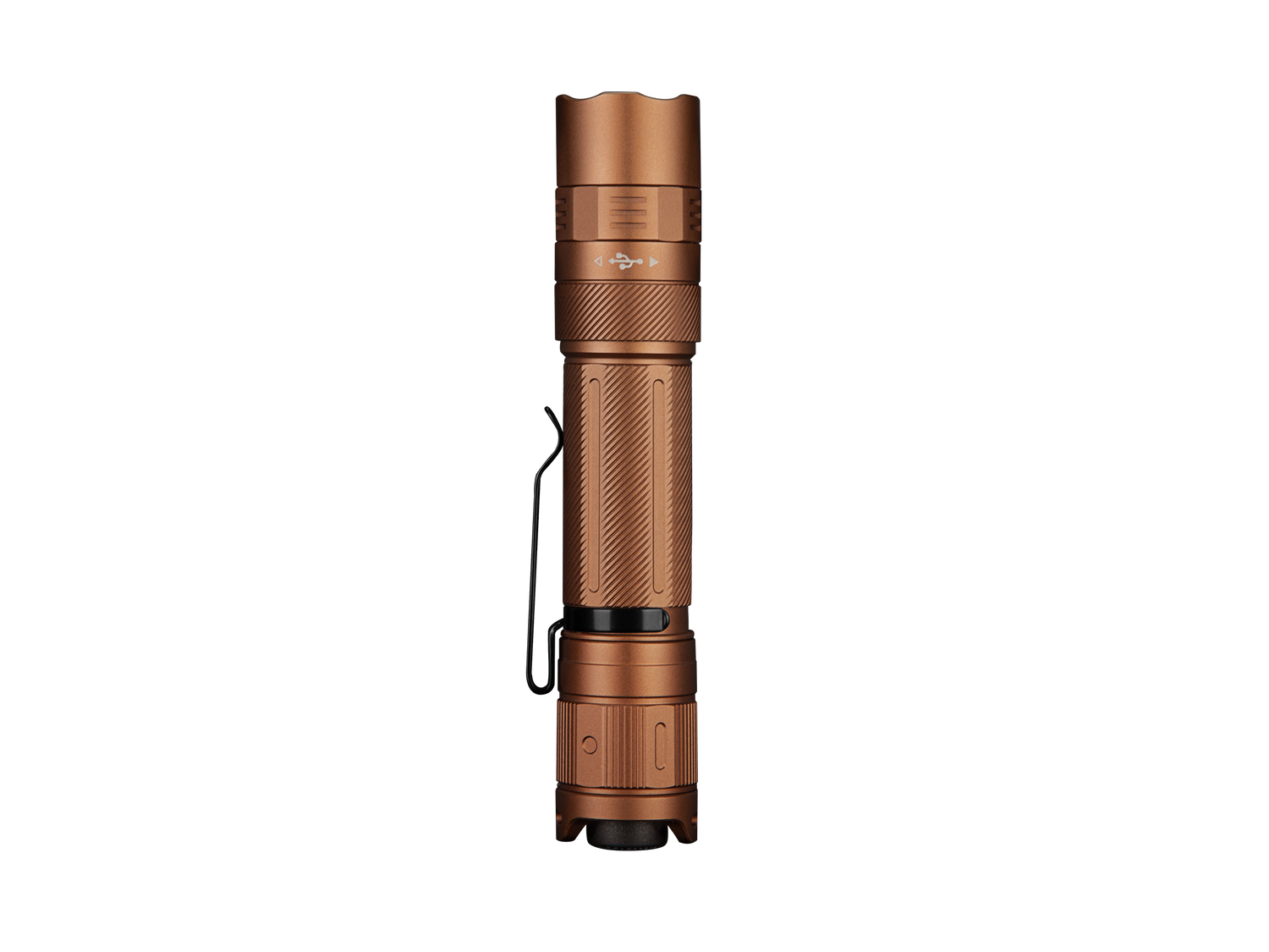 Fenix PD32R rechargeable tactical LED flashlight with silent switch, black body, compact design, and powerful illumination.