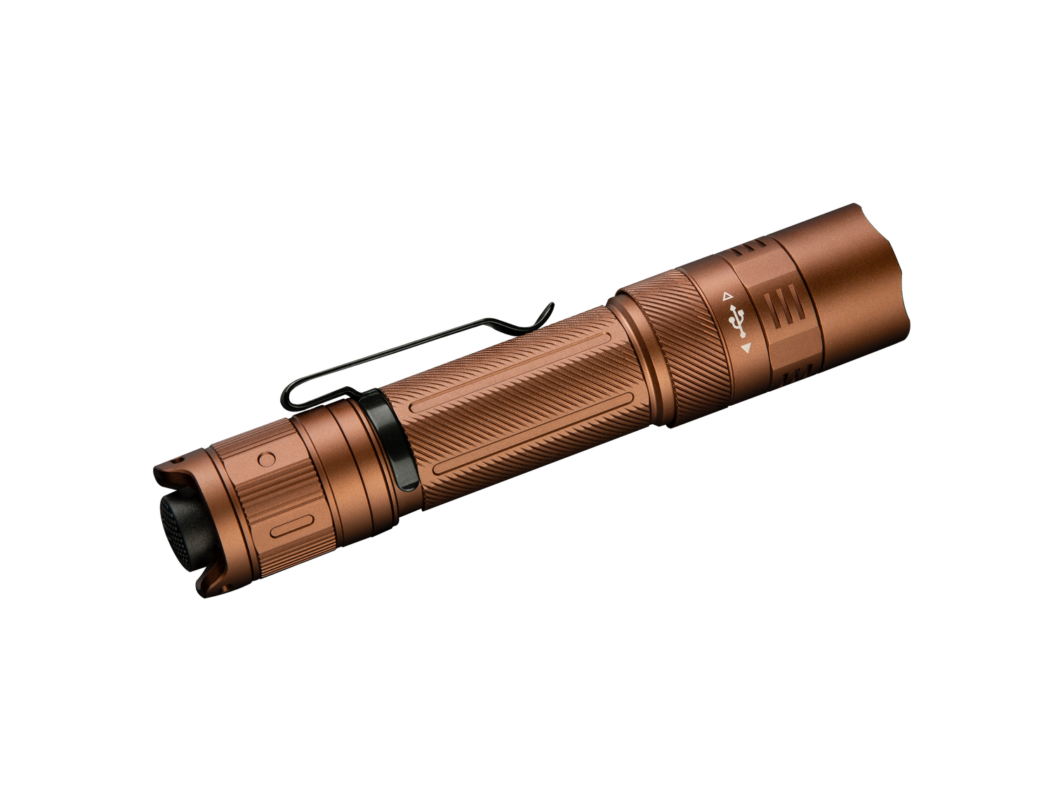 Fenix PD32R rechargeable tactical LED flashlight with silent switch, shown in black, compact and rugged for outdoor use