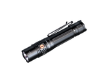 Fenix PD36R V2 rechargeable tactical flashlight emitting bright light, compact design, with textured grip and LED lens.
