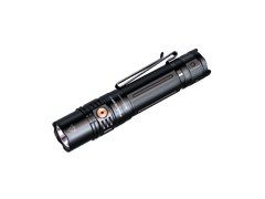 Fenix PD36R V2 rechargeable tactical flashlight emitting bright light, compact design, with textured grip and LED lens.