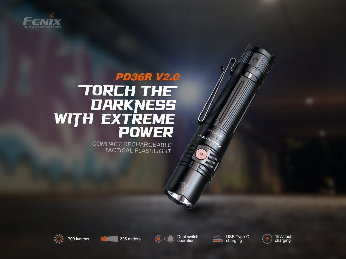 Fenix PD36R V2 rechargeable tactical flashlight with 1700 lumens, compact design, black body, and adjustable focus.