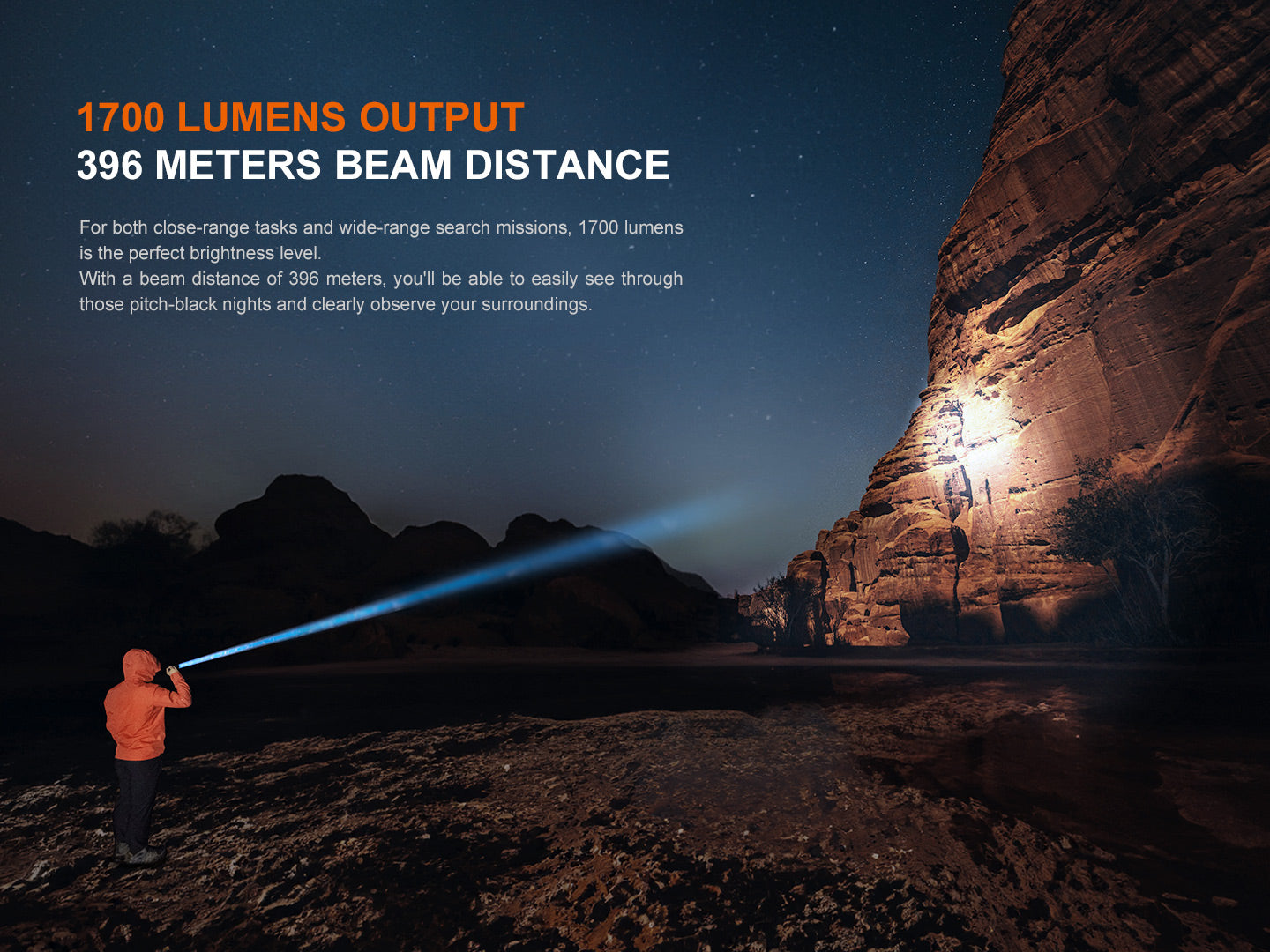Fenix PD36R V2 compact rechargeable tactical flashlight with 1700 lumens, black body, turned on beam illuminating a dark area.