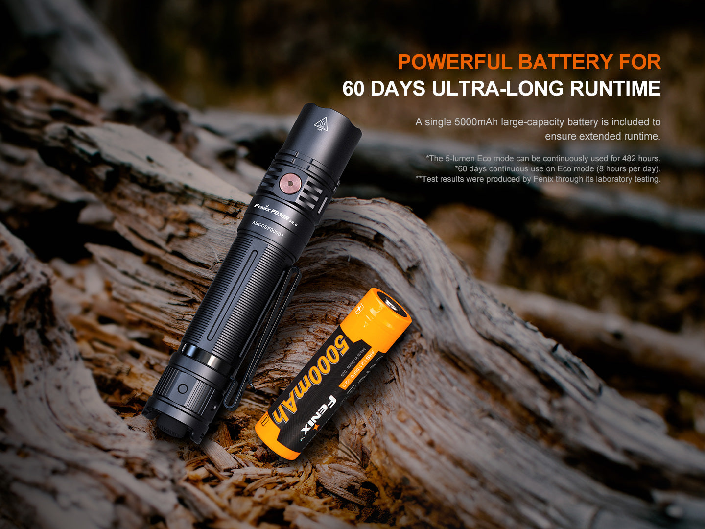 Fenix PD36R V2 compact rechargeable tactical flashlight emitting bright 1700 lumens, with a black body and textured grip.