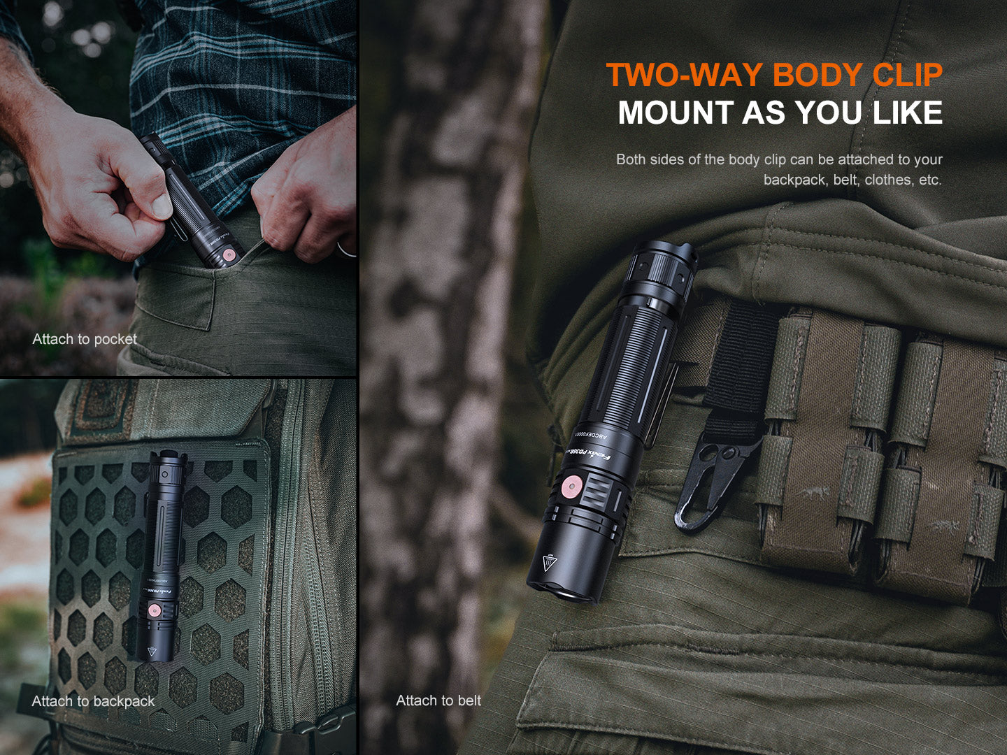 Fenix PD36R V2 compact rechargeable tactical flashlight with 1700 lumens, black body, and textured grip for outdoor use.