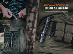 Fenix PD36R V2 compact rechargeable tactical flashlight with 1700 lumens, black body, and textured grip for outdoor use.
