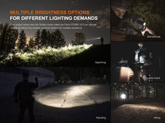 Fenix PD36R V2 compact rechargeable tactical flashlight with 1700 lumens, shown turned on with bright beam and black body.