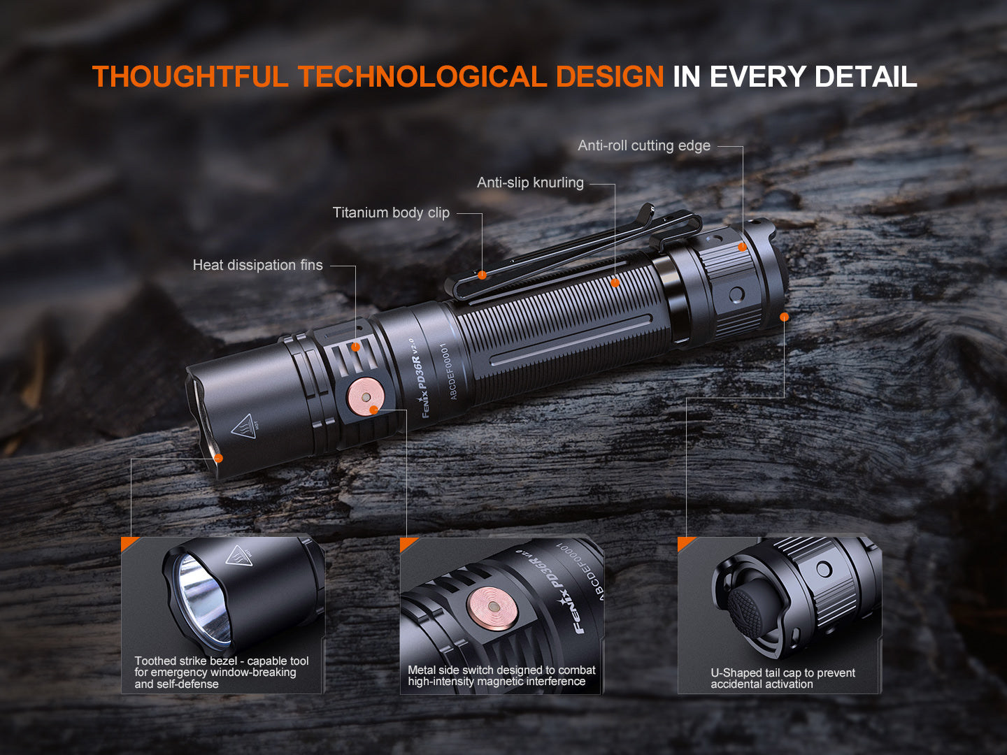 Fenix PD36R V2 tactical flashlight showing a compact, rechargeable design with a bright beam, 1700 lumens, black body, and textured grip.
