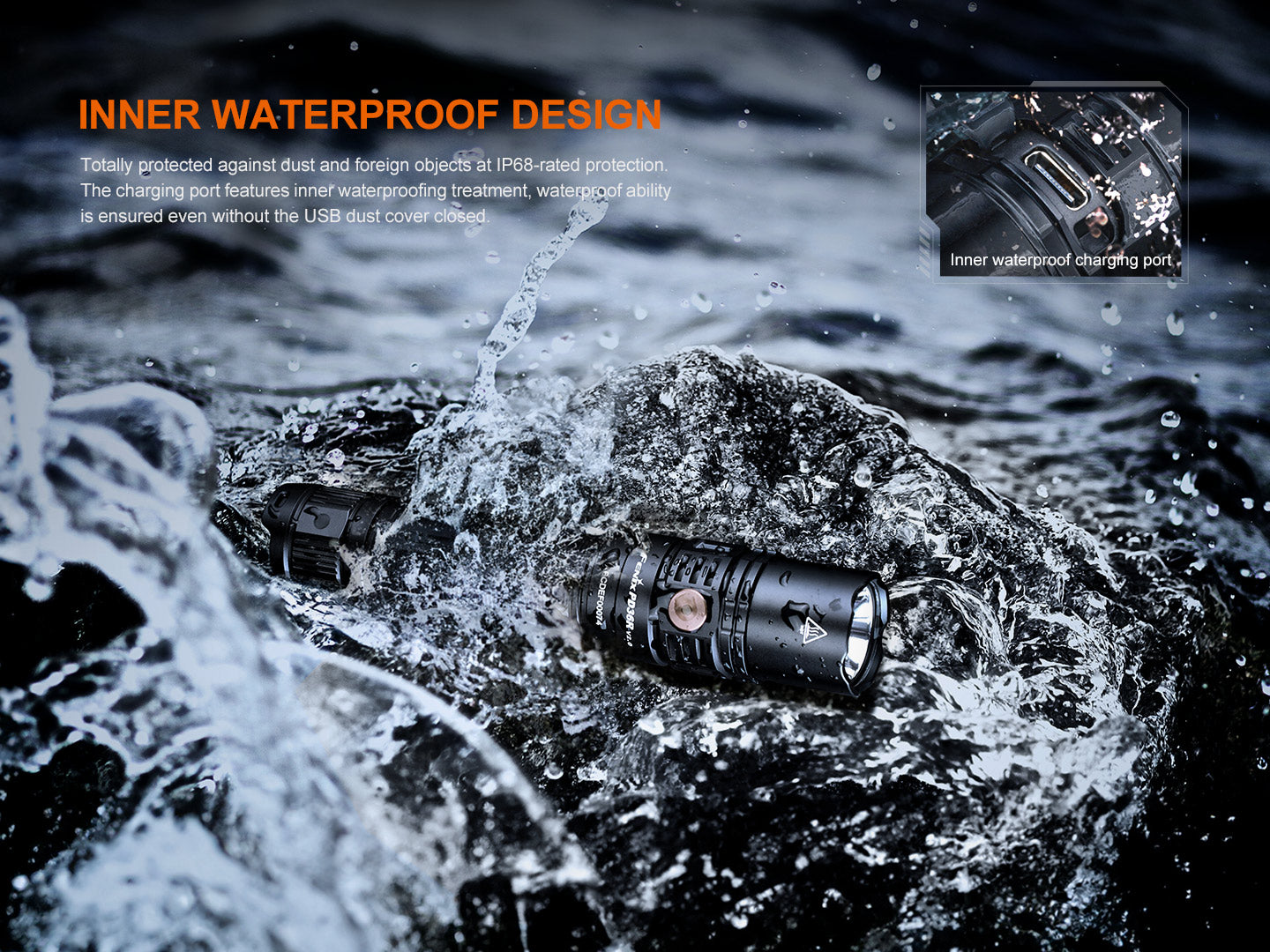 Fenix PD36R V2 compact rechargeable tactical flashlight emitting bright 1700 lumens, black body with textured grip.