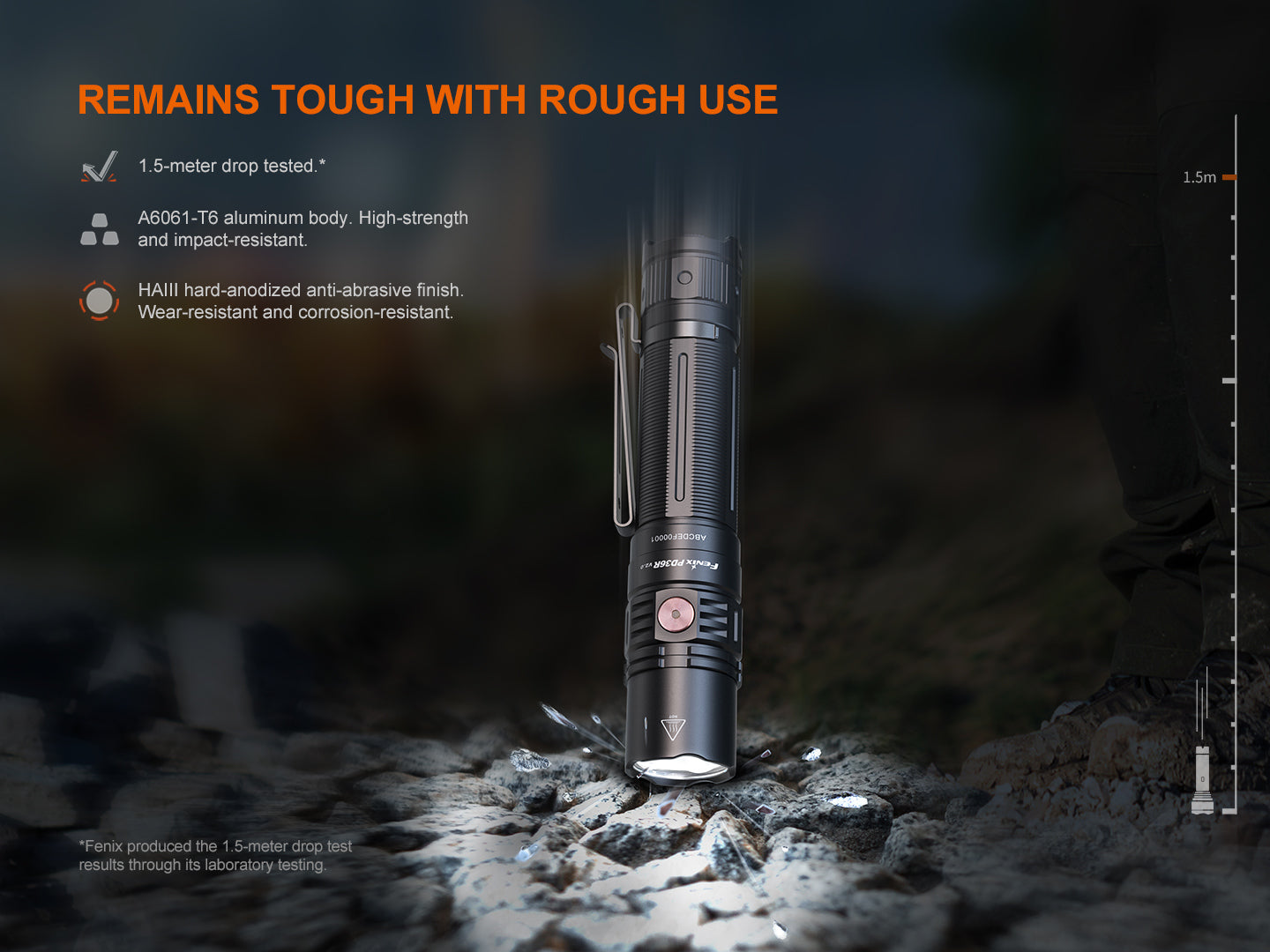 Fenix PD36R V2 compact rechargeable tactical flashlight emitting bright 1700 lumens, with a rugged black body and adjustable focus.