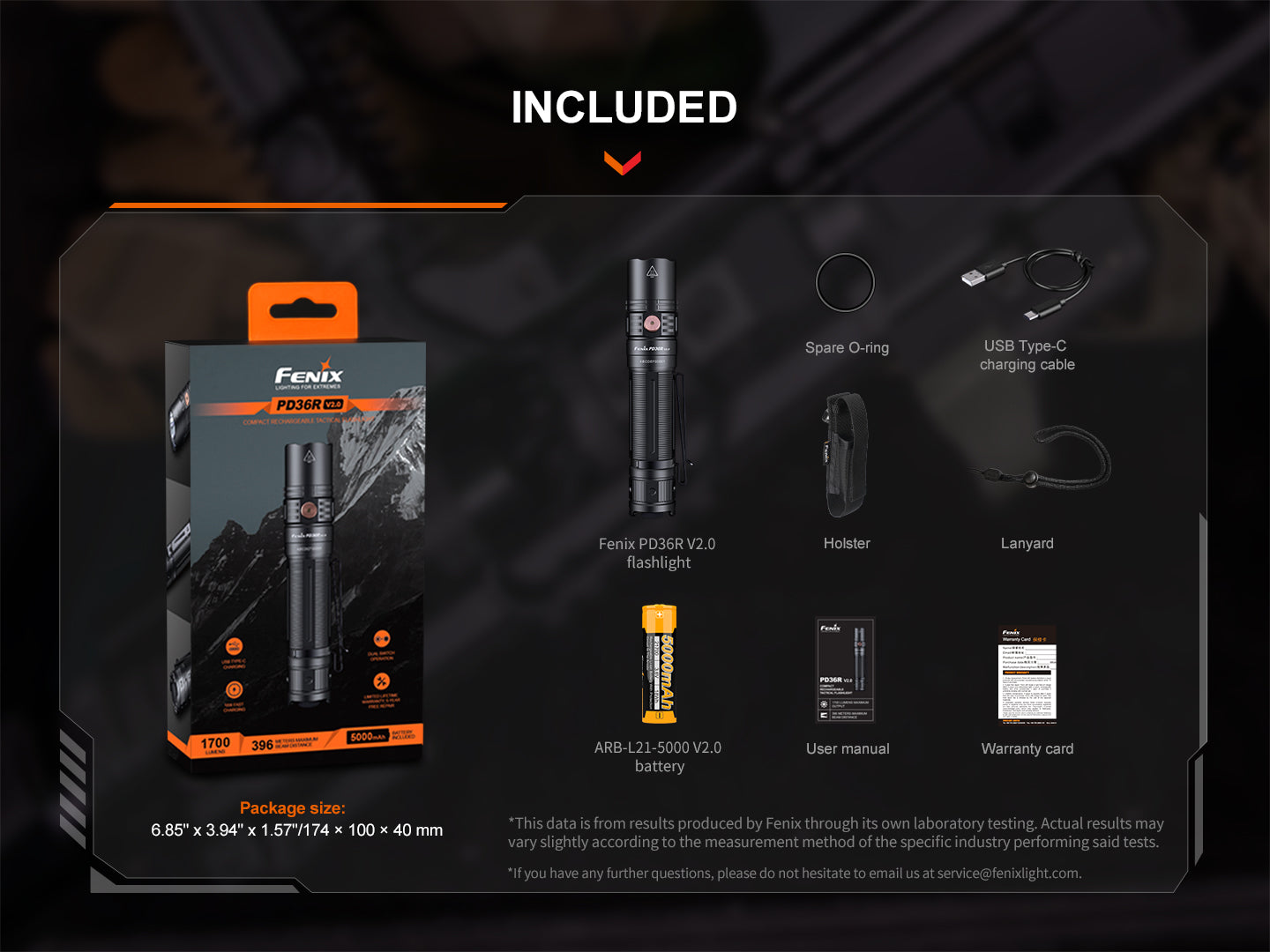 Fenix PD36R V2 compact rechargeable tactical flashlight with 1700 lumens, black body, held in hand, ready for outdoor use.