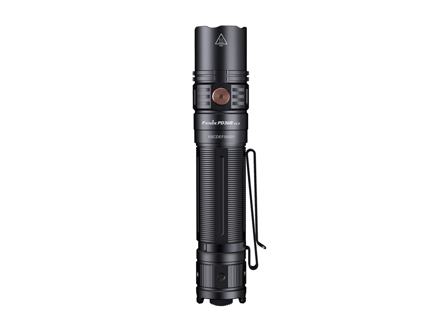 Fenix PD36R V2 compact rechargeable tactical flashlight emitting bright 1700 lumens, shown with textured grip and adjustable focus.