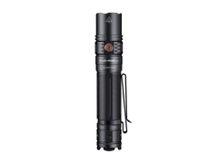 Fenix PD36R V2 compact rechargeable tactical flashlight emitting bright 1700 lumens, shown with textured grip and adjustable focus.
