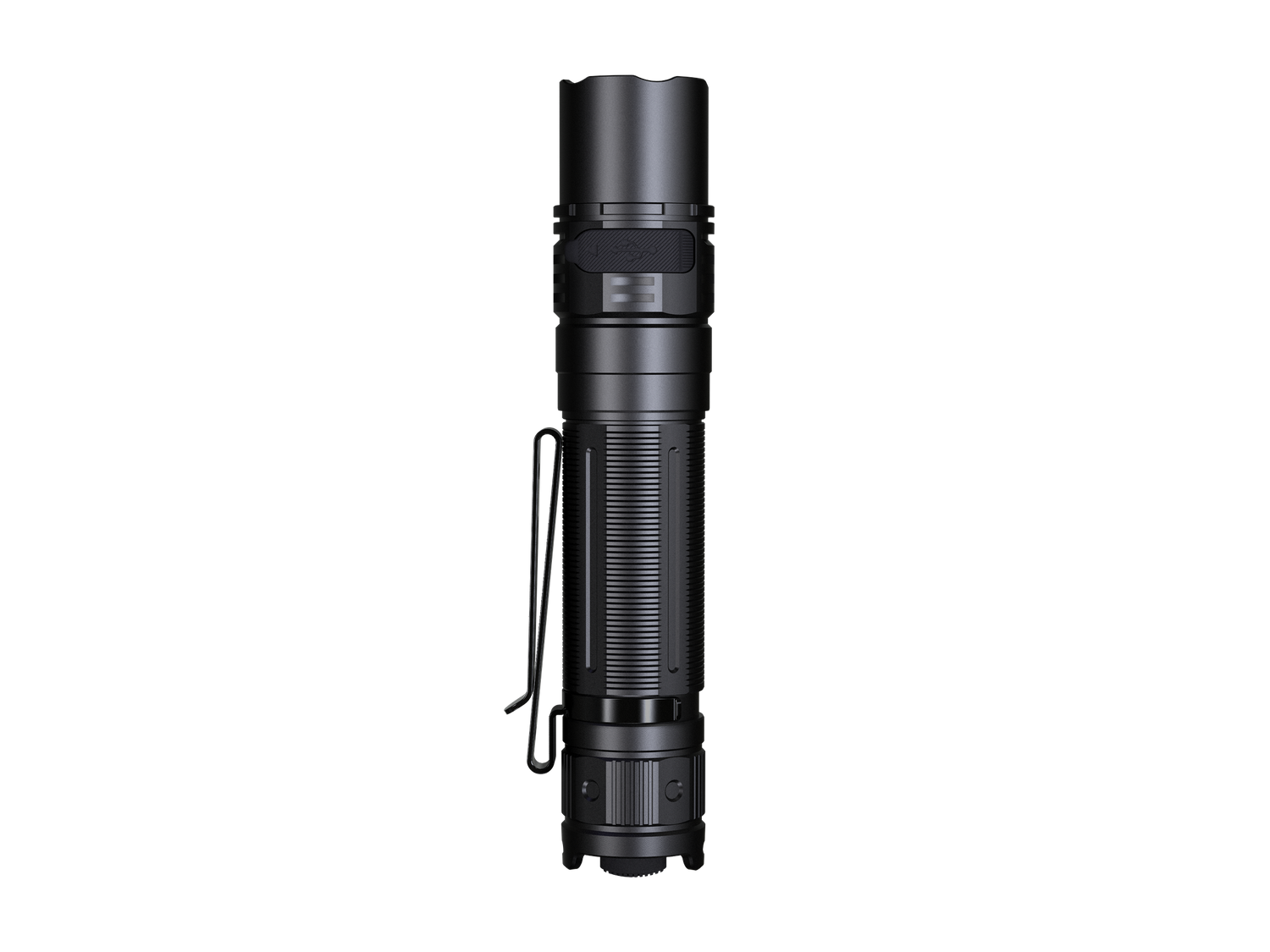 Fenix PD36R V2 compact rechargeable tactical flashlight emitting bright 1700 lumens with a black body and textured grip.