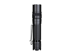 Fenix PD36R V2 compact rechargeable tactical flashlight emitting bright 1700 lumens with a black body and textured grip.