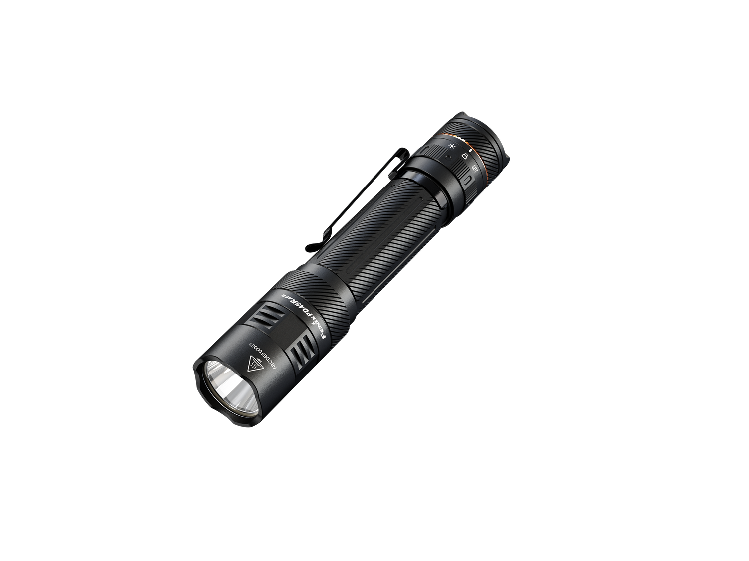 Fenix PD45R ACE tactical flashlight with multiple modes, black body, and textured grip for enhanced handling and illumination.
